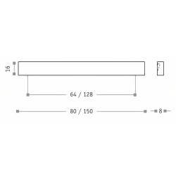 Puxador atual, barra rectangular Sofima 774, zamak cromado mate, 2 furos distância 128, E.8 x A.16 x C.150 mm