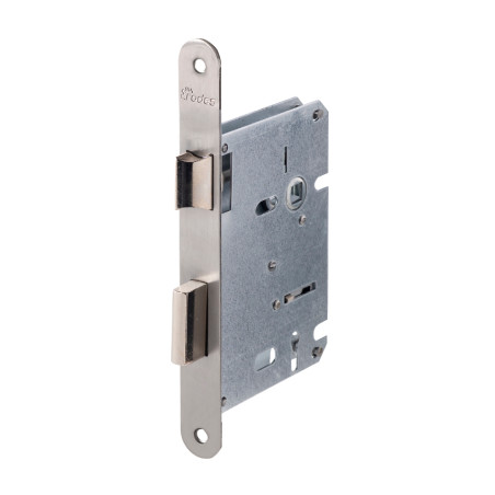 Fechadura de embutir rodes 718 INOXM, ferro, testa cantos redondos inox mate, distância testa á broca 60, quadra 6 mm, direita