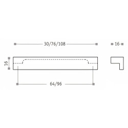 Puxador atual, barra rectangular L Sofima 798, zamak cromado mate, 2 furos distância 96, P.16 x A.16 x C.108 mm