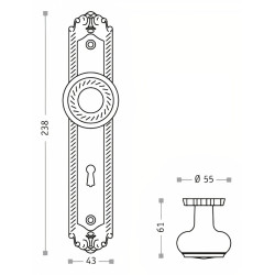 Puxador rústico, espelho alto rectangular c/bola grande Sofima 450, zamak niquelado preto,  Ø.55 x P.61 x L.43 x A.238 mm