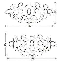 Puxador rústico, espelho c/pingente asa Sofima 099, zamak latonado, C.96 x A.30 mm (c/entrada de chave)