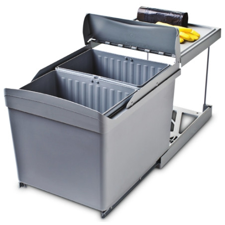 Balde lixo p/cozinha Gollinucci 516, aber. aut. pull-out c/amort., plá. cinza, 2 x 16 lts, L.343 x P.475 x A.372, MOD.MÍN.450 mm