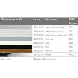 Rodapé REHAU para cozinha, plástico PVC revestido, alumínio escovado, 100 x 4000 mm