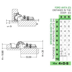 Dobradiça curva 8 DANCO F66016M44, braço em aço niquelado, copo Ø.26 furação 38 mm, abertura 90º