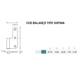 Dobradiça balanço tipo Sofima 2022 para porta, inox 430, 3,5", A.87,5 x L.45,6 x E.2,5 mm, esquerda