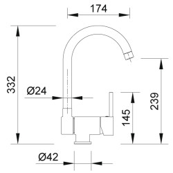 Misturadora/torneira RODI LINE MN 810, monocomando de bica giratória de 360º rebatível até 90º, crom., corpo Ø.42, A.332/239 mm