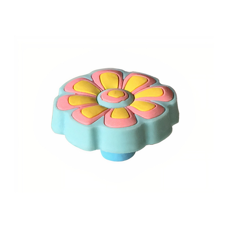 Puxador criança, flor Nesu 680G1, goma/metal azul/rosa, 1 furo, A.22 x Ø.46 mm