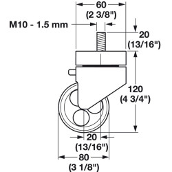 Pé para mesa com rodízio HAFELE, metálico cor aço inox, base zamak, A.1300 x Ø.80 mm
