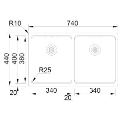 Lava louça RODI UNA 75, duas pias sem escorredor, inox polido, aplicação inferior, superior ou á face, 740 x 440, MOD.800 mm