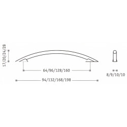 Puxador atual, asa ponte Sofima 744, zamak cromado mate, 2 furos distância 96, E.9 x A.20 x C.132 mm