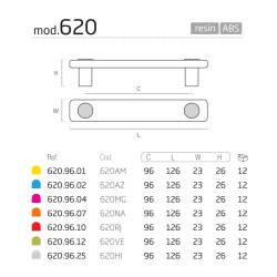 Puxador criança, asa barra rectangular Nesu 620RJ, metacrilato vermelho/crom. mate, 2 furos distância 96, A.26 x L.23 x C.126 mm