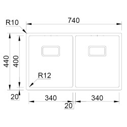 Lava louça RODI BOX LUX 75, duas pias sem escorredor, inox escovado, aplicação inferior (A), 740 x 440, MOD.800 mm