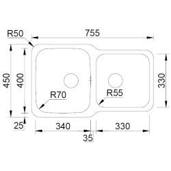 Lava louça RODI DUO 90R, duas pias sem escorredor reversível, inox polido, aplicação inferior, 755 x 450, MOD.800 mm