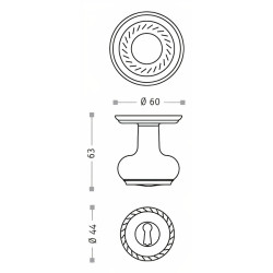 Puxador rústico, 2 espelhos redondos c/bola grande Sofima 453, zamak bronze, P.63 x Ø.60/44 mm (entrada de chave yale)