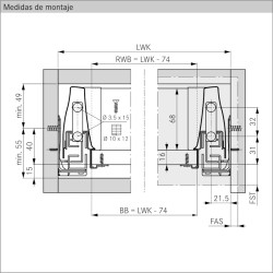 Lateral de gaveta com amortecedor GRASS DWD-XP H95 single set, silenciosa, extração total, suporta 40 kg, cinza, A.95 x C.500 mm