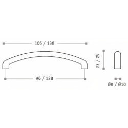 Puxador atual, asa barra redonda curva Sofima 707, zamak cromado mate, 2 furos distância 128, Ø.10 x A.29 x C.138 mm