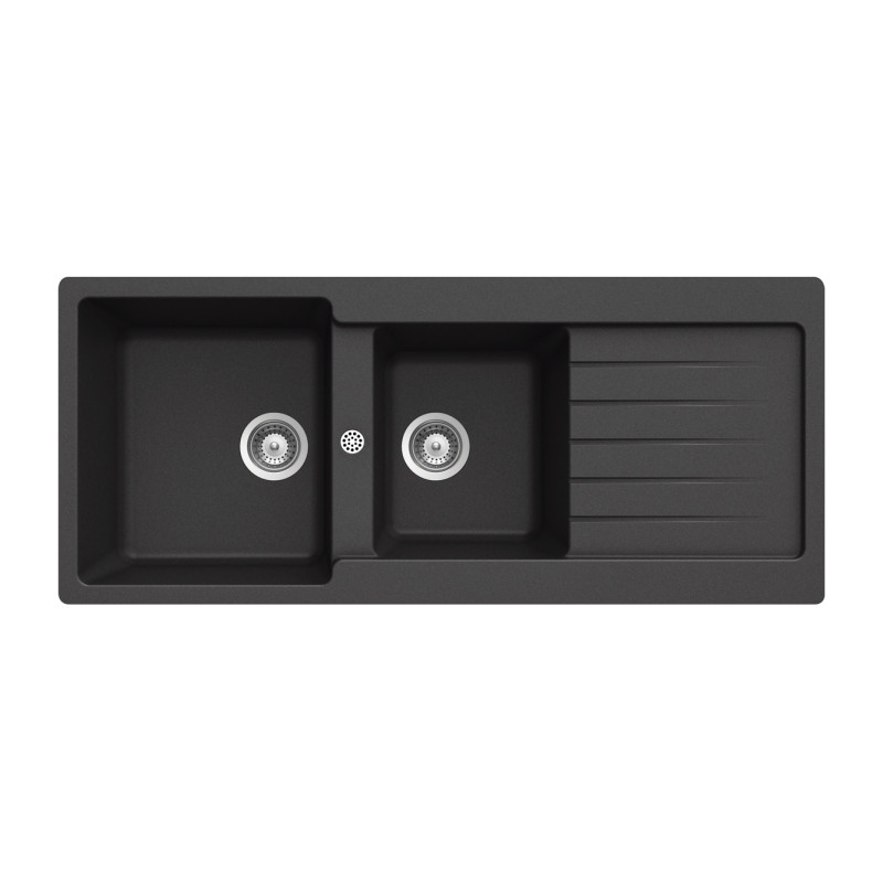 Lava louça RODI COMPOSITE 116 NERO, duas pias com escorredor reversível, compósito, encastrar, 1160 x 500, MOD.800 mm