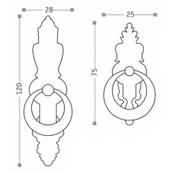 Puxador rústico, espelho c/pingente argola Sofima 136, zamak niquelado preto, A.75 x L.25 mm