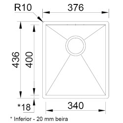 Lava louça RODI BOX LINE 34, uma pia sem escorredor, inox escovado, aplicação inferior, 376 x 436, MOD.450 mm