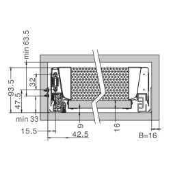 Lateral de gaveta com amortecedor DTC O44, silenciosa, extração total, suporta 40 kg, cinza, A.83 x C.500 mm