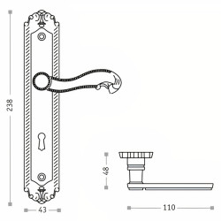 Puxador rústico, espelho alto rectangular c/manete curva Sofima 451, zamak bronze/lacado, P.48 x L.43/110 x A.238 mm