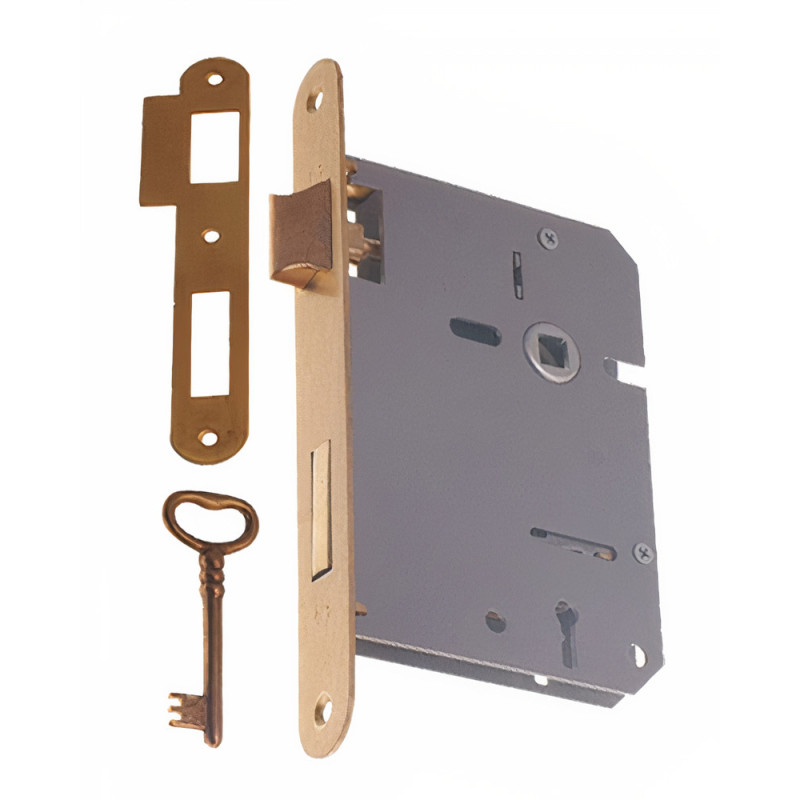 Fechadura de embutir F659 716, ferro, testa cantos redondos latão polido, distância testa á broca 60, quadra 8 mm