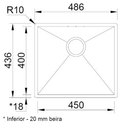 Lava louça RODI BOX LINE 50, uma pia sem escorredor, inox escovado, aplicação superior ou á face, 536 x 436, MOD.600 mm