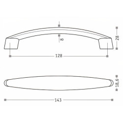 Puxador atual, asa ponte Sofima 391, zamak niquelado mate, 2 furos distância 128, E.8 x A.28 x L.18,6 x C.143 mm