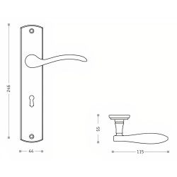 Puxador rústico, espelho alto rectangular c/manete curva Sofima 861, latão bronze, P.55 x L.44/115 x A.246 mm