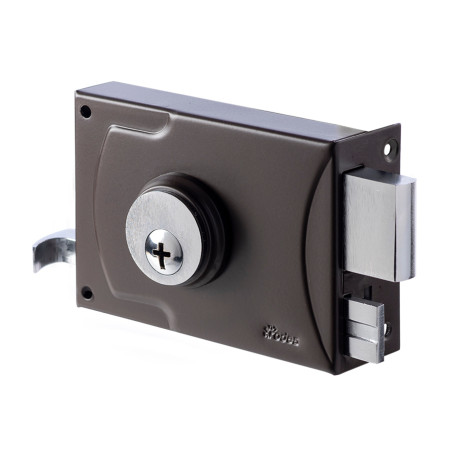 Fechadura de sobrepor segurança rodes 1990X10, metais cromados/caixa castanho, esquerda, A.85 x L.100, dist. testa á broca 55 mm