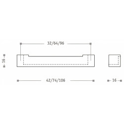 Puxador atual, barra rectangular quadrado concha Sofima 791, zamak níquel escovado, 2 furos distância 64, 16 x 16 x C.74 mm