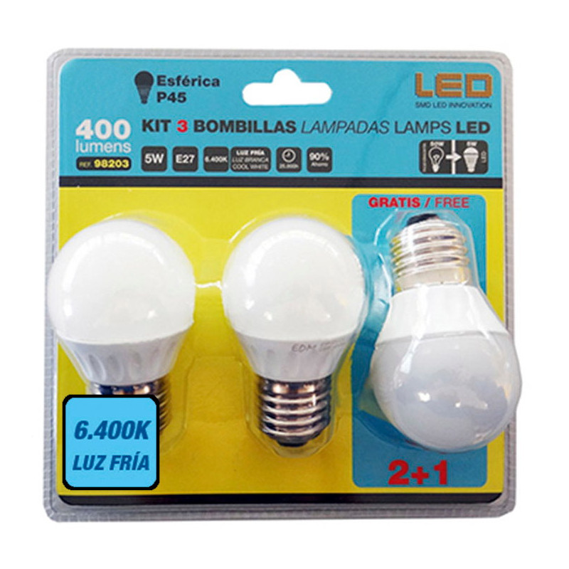 Kit 3 lâmpadas esféricas/bola LED luz fria 98203, Ø.4,5 x 8 cm, E27, 220º, CE.A+ 220/240V 5W 400LM 6400K