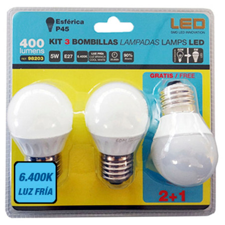 Kit 3 lâmpadas esféricas/bola LED luz fria 98203, Ø.4,5 x 8 cm, E27, 220º, CE.A+ 220/240V 5W 400LM 6400K