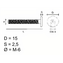 Parafuso de ligação com sextavado interior, latonado, cabeça hexagonal SW4 Ø.15 x E.2,5, M6 x 70 mm