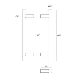 Puxador asa barra redonda JNF IN.07.126.300.TB, inox titanium black/preto, Ø.30, 2 furos distância 300, A.90 x C.400 mm