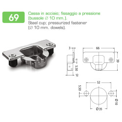 Dobradiça reta DANCO F85069/97P44, braço em aço niquelado, copo Ø.35 furação 52 buchas 10 mm, abertura 110º
