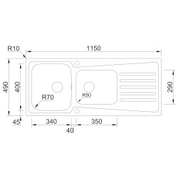 Lava louça RODI EVOLUTION 116, duas pias laterais c/escorredor, inox poli., aplicação superior ou á face, 1150 x 490, MOD.900 mm