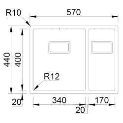 Lava louça RODI BOX LUX 55, duas pias sem escorredor, inox escovado, aplicação inferior (A), 570 x 440, MOD.600 mm