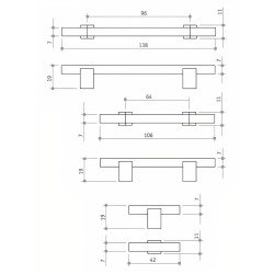 Puxador clássico, asa barra quadrada Sofima 1220, zamak cromado mate, 2 furos distância 64, C.106 x L.7/11 x A.19 mm