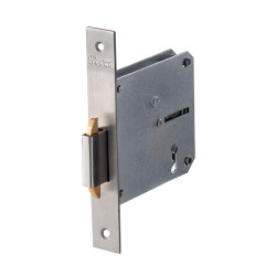 Fechadura de embutir p/porta de correr rodes 716AGX65 INOXM, testa cantos rectos inox mate, distância testa á broca 65 mm