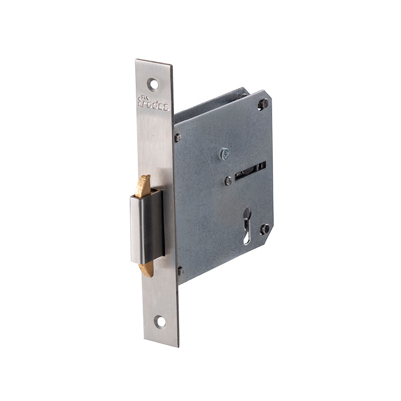 Fechadura de embutir p/porta de correr rodes 716AGX65 INOXM, testa cantos rectos inox mate, distância testa á broca 65 mm