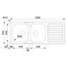 Lava louça RODI OKIO LINE 120, duas pias laterais com escorredor reversível, inox polido, encastrar, 1200 x 500, MOD.800 mm