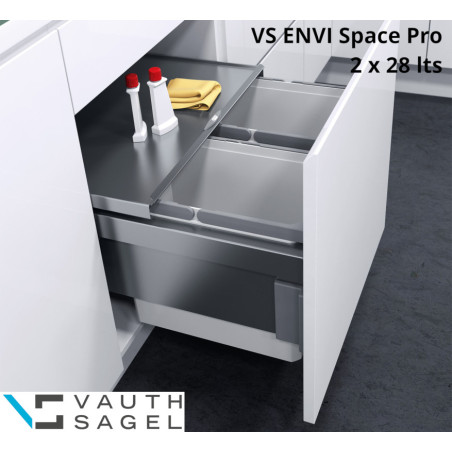 Balde lixo p/cozinha VAUTH-SAGEL VS ENVI Space Pro, extracção total c/amo., cinza, 2 x 28 lts, L.558 x P.464 x A.470, MOD.600 mm
