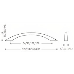 Puxador atual, asa ponte Sofima 092, zamak niquelado preto, 2 furos distância 64, E.9 x C.92 x A.20 mm