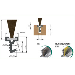 Perfil vedante semi-rígido JM1, plástico cinza, pelúcia com A.11 mm, C.2,15 mts