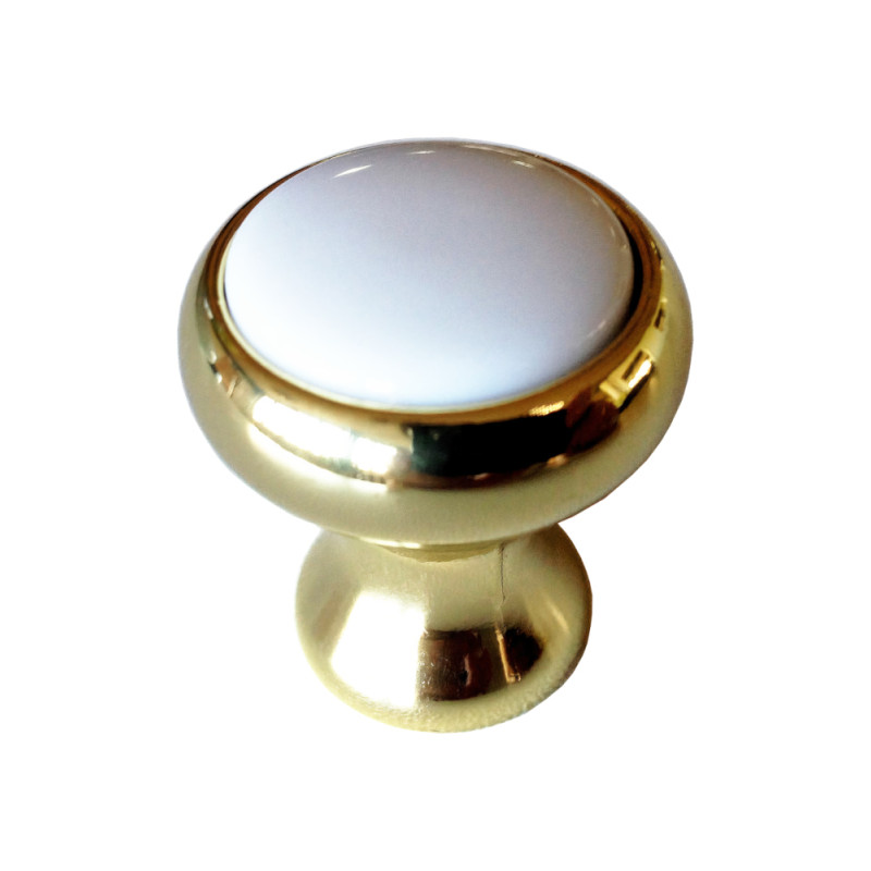 Puxador clássico, cogumelo redondo SM 304, zamak latonado/botão plástico branco, 1 furo, Ø.22 x A.24 mm