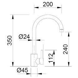 Misturadora/torneira RODI LINE MN 1001 NS, monocomando de bica giratória, 100% aço inox AISI 316, corpo Ø.45, A.350/240 mm