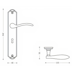 Puxador rústico, espelho alto rectangular c/manete curva Sofima 841, latão bronze, P.55 x L.46/115 x A.242 mm