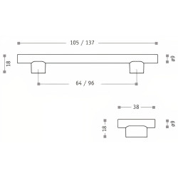 Puxador atual, asa barra redonda reta Sofima 765, zamak cromado mate, 2 furos distância 64, Ø.6 x A.18 x C.105 mm