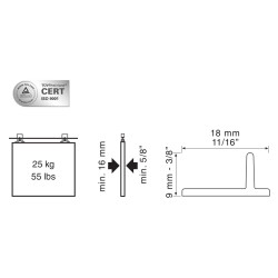 Perfil calha para porta de correr KLEIN ROLL-25 e ROLL-45, alumínio natural, A.9 x L.18 x C.3000 mm